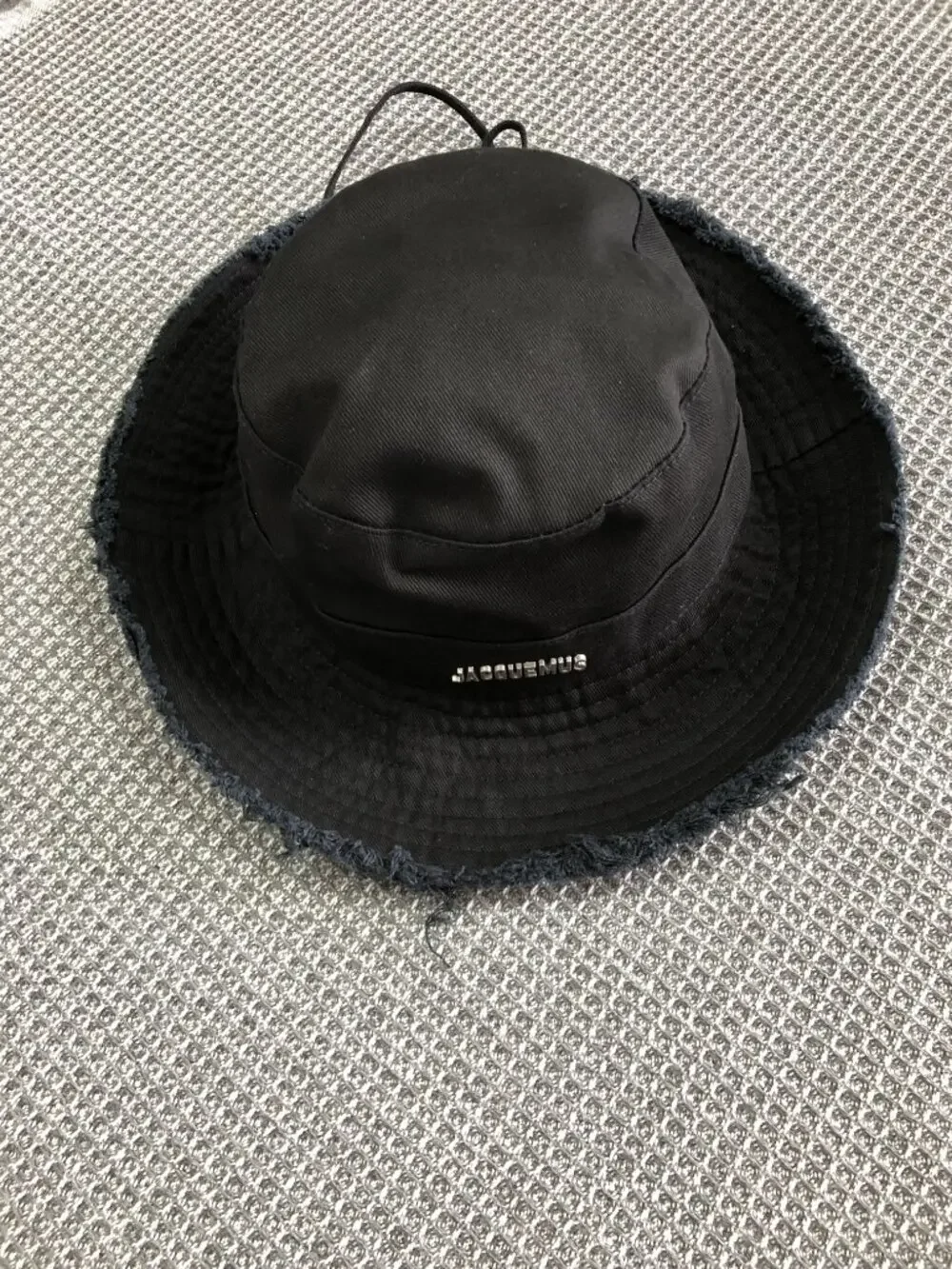 Jacquemus Black Raw Fray Brim Wide‑Brim Bucket Hat Embroidered Logo